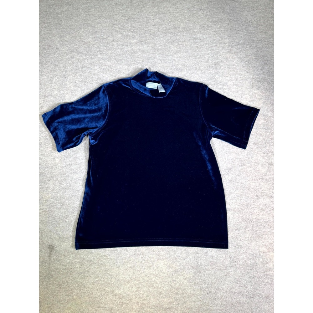 Pierre Cardin Velvet T Shirt Top Women Medium Blue Stretch Short Sleeve Pullover